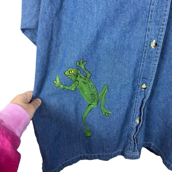 VINTAGE Luna Pier Women’s Oversized Denim Frog Shirt Blue/Green Size XL - Picture 7 of 9